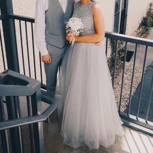 Grey Tulle Prom Dress with Open Back and Beaded Bodice